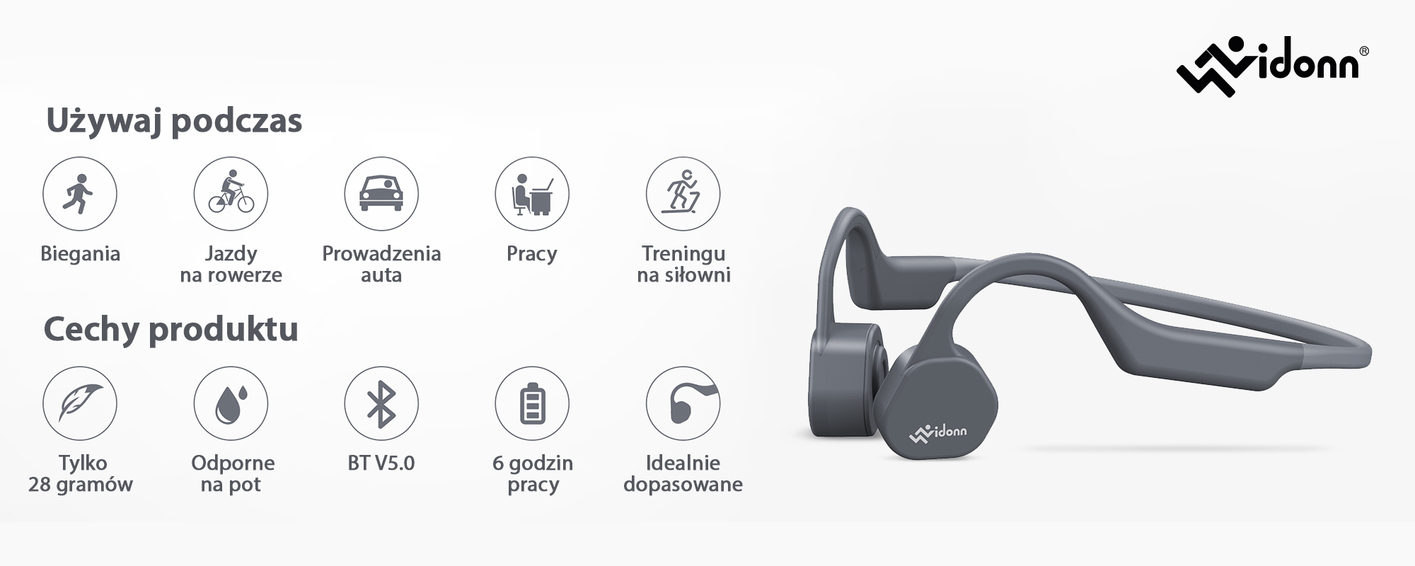 Słuchawki bezprzewodowe z technologią przewodnictwa kostnego Vidonn F3 - szare